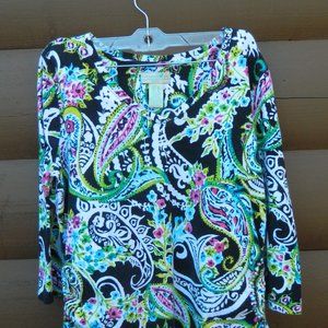 Caribbean Joe Top Women's Medium V-neck Pullover Tie Waist Island Colors